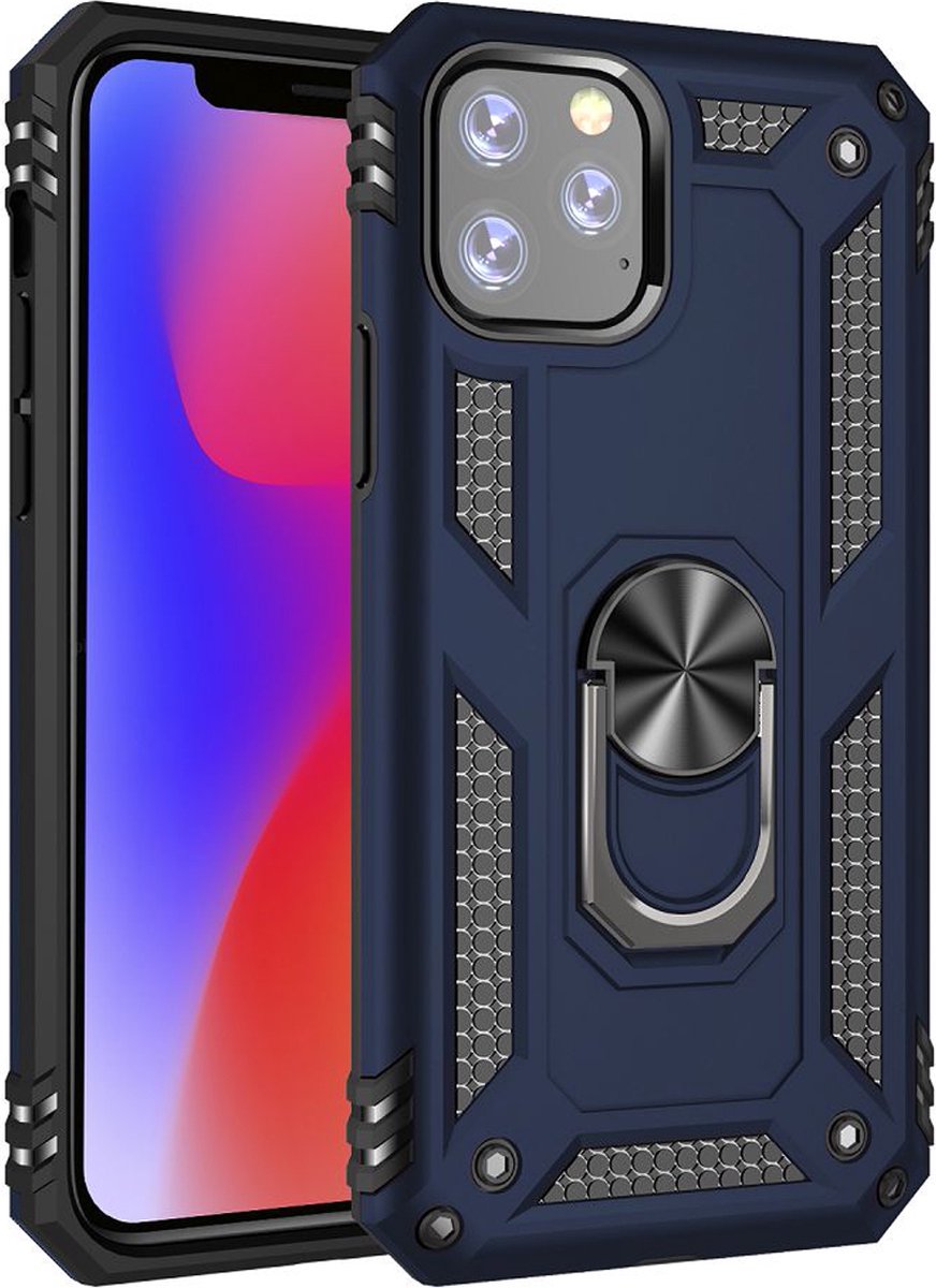 MobyDefend Hoesje - Geschikt voor iPhone 11 - Pantsercase Met Draaibare Ring - Blauw