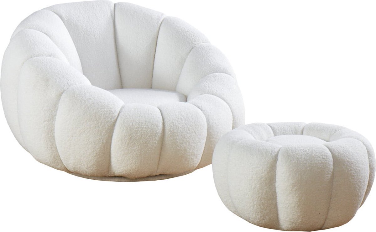 Fauteuil en poef Rosie Wit - Teddy - Zithoogte 23 cm - Zitdiepte 94 cm