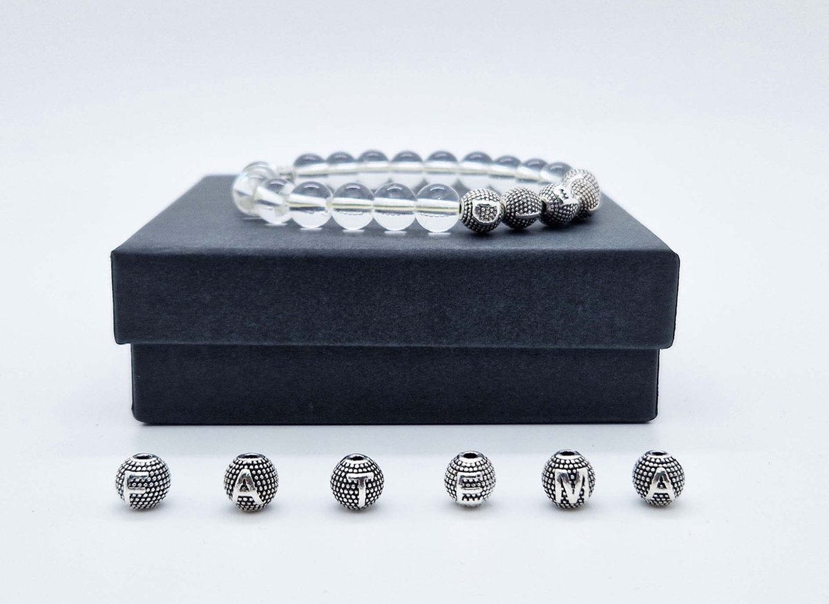 Handgemaakte Natuurstenen armband met metaal naam "Bergkristal" - Met je naam of de naam van uw geliefde- 8 mm diameter van de korrel- Diameter armband 20 cm - Een mooi cadeau voor familie en vrienden
