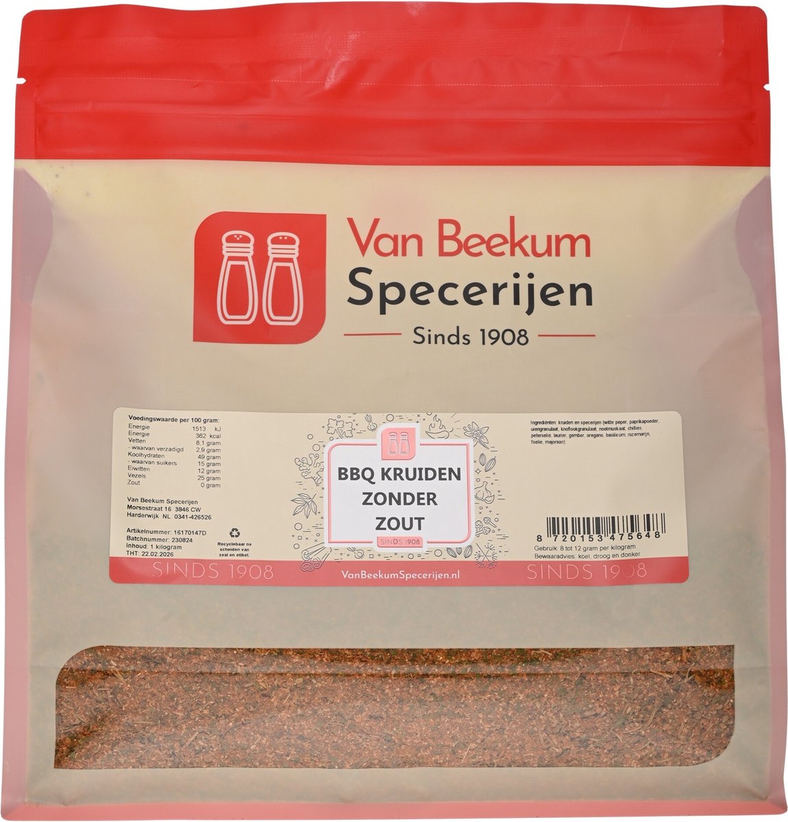 Goedkoopste Van Beekum Specerijen - BBQ Kruiden Zonder Zout - 1 KG (hersluitbare stazak