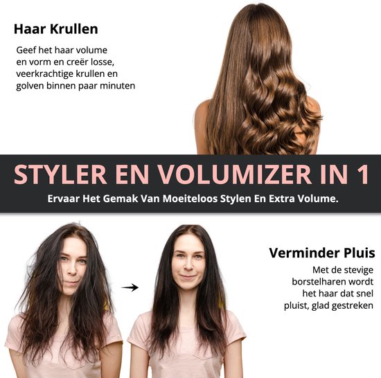Boven een vrouw met golvend haar. Onder een vergelijking van voor en na styling met de warme luchtborstel.