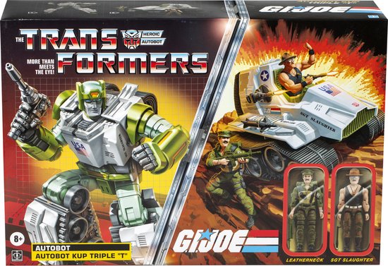La boîte de l'Autobot Kup Triple "T" avec les figurines G.I. Joe Leatherneck et Sgt Slaughter.