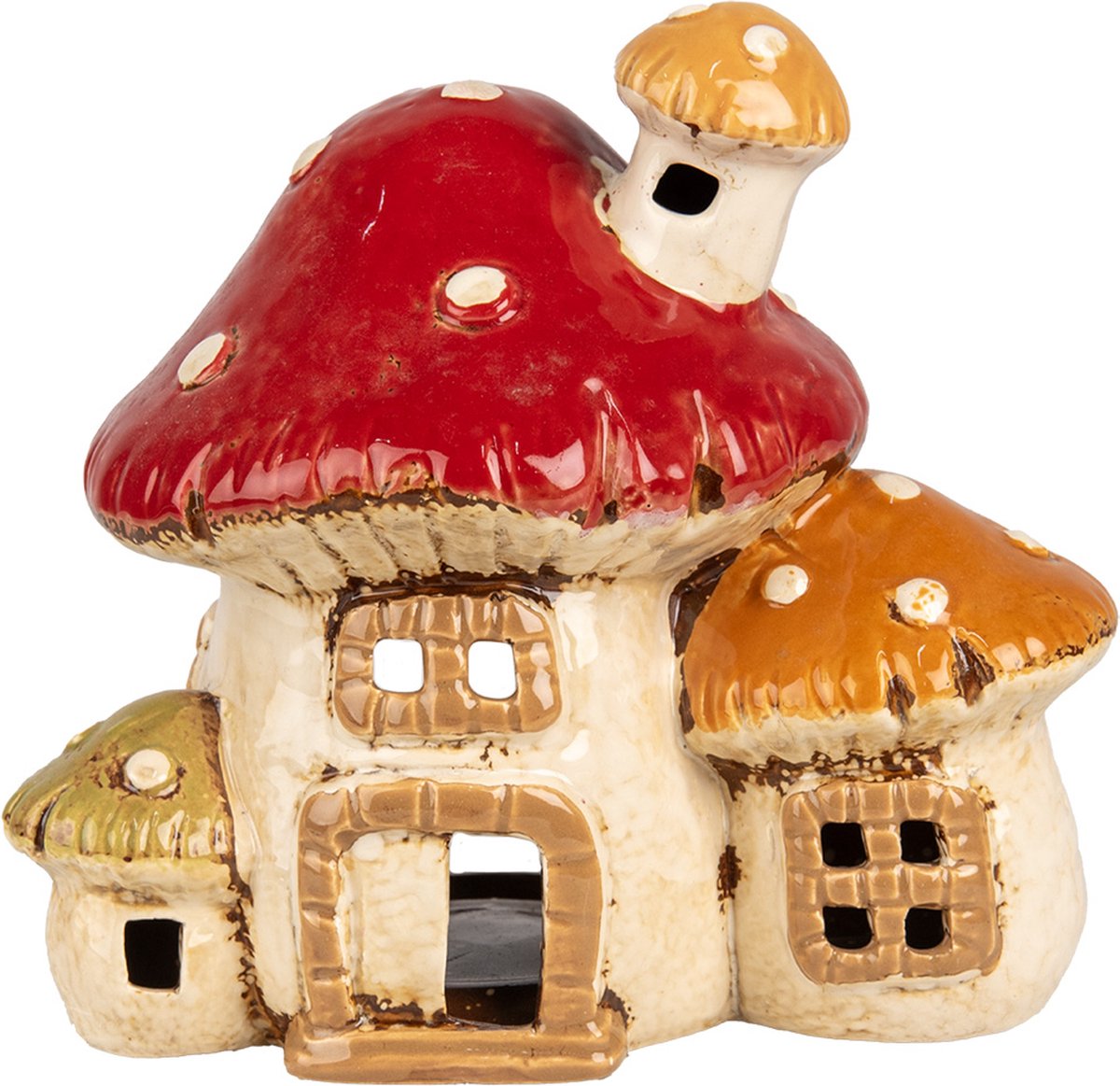 Waxinelichthouder Paddenstoel 17x12x16 cm Beige Rood Keramiek Herfst decoratie