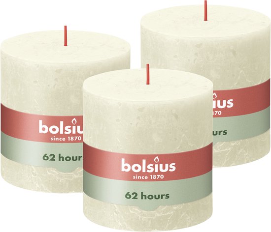 3 bougies pilier rustique ivoire Bolsius 100/100 (62 heures) Eco Shine Soft Pearl