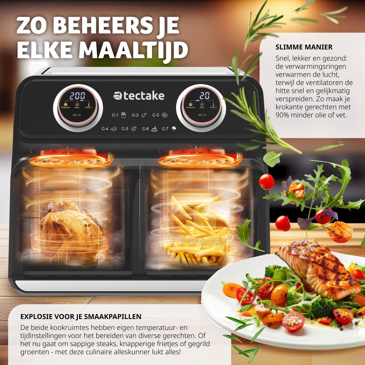 Afbeelding 3 van tectake® - Dubbele Airfryer Samurai - Airfryer XXL - 8L inhoud - 2400W - 7 bakprogramma's - 2 Lades - Dubbele mand - Dual zone technologie - Heteluchtfriteuse