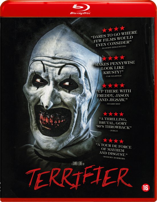 Blu-ray hoes van Terrifier met clownsgelaatsuitdrukking en rode tekst.