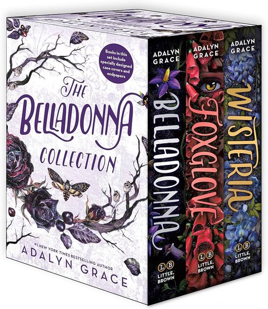 De Belladonna Collectie boekenbox set met de titels Belladonna, Foxglove en Wisteria, met een illustratie van takken, vlinders en motten.
