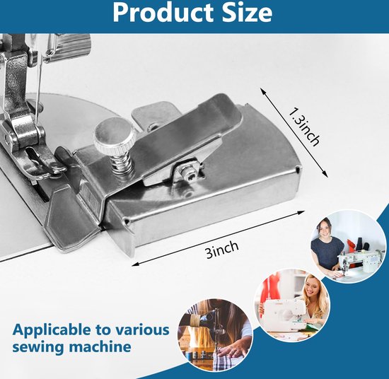 Zilverkleurige naaimachinevoet, 3 inch lang en 1,3 inch breed, met afbeeldingen van vrouwen die naaimachines gebruiken.