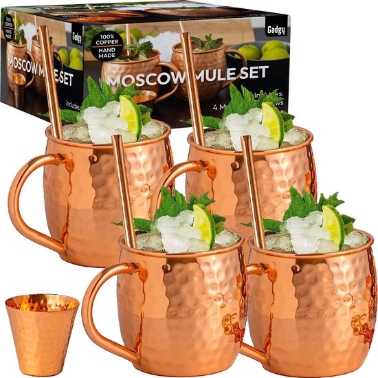 Gadgy Moscow Mule Bekers 4-delige Set - 100% Koper - Cocktailset : 4 Cocktailglazen, 4 Rietjes & 1 Barmaatje - Cadeau voor Vrouw en Man