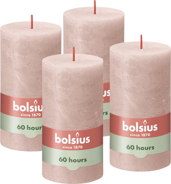Bolsius - Bougie rustique - Rose poudré - 13cm - 4 pièces