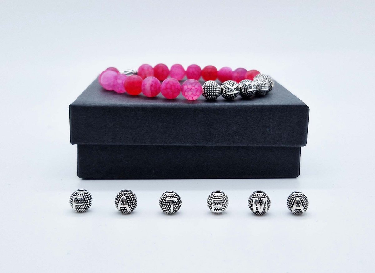 Handgemaakte Natuurstenen armband met metaal naam "Banded Agaat Magenta roze" - Met je naam of de naam van uw geliefde- 8 mm diameter van de korrel- Diameter armband 20 cm - Een mooi cadeau voor familie en vrienden