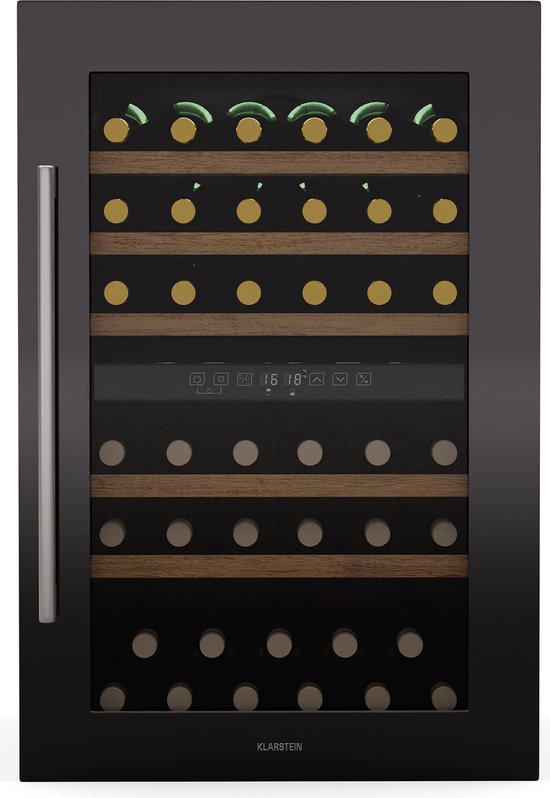 Klarstein Wijnkoeler Vinsider 57 Duo , 2 zones - 57 flessen, 5-22 °C, stil 38 dB, inbouw, UV-beschermd glas, houten planken, roestvrij staal, R600a - Wijnkoelkast - 143L - voor Wijnliefhebber - Houten Schappen Compressor
