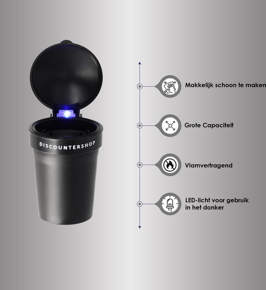 Zwarte auto asbak met open deksel en blauwe LED verlichting, met iconen voor makkelijk schoonmaken, grote capaciteit en vlamvertragend.