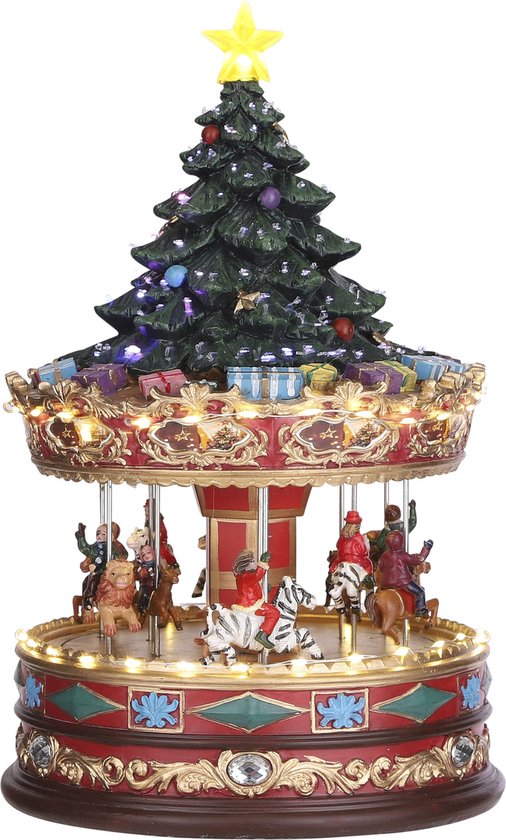 LuVille Kerstdorp Miniatuur Carrousel met Kerstboom - L22 x B22 x H35 cm