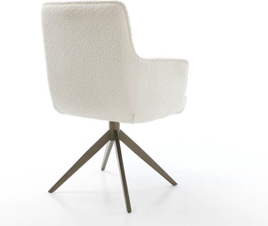 Chaise de salle à manger Heira- Flex avec accoudoirs, structure transversale, finition large avec noyau à ressorts ensachés blanc bouclé titane, pivotant à 360°
