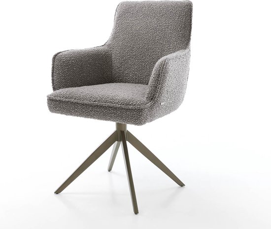 Chaise de salle à manger Heira- Flex avec accoudoirs structure croisée finition large avec noyau à ressorts ensachés bouclé gris argent effet titane pivotant à 360°