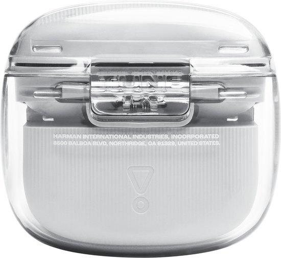 Oplaaddoosje met gesloten transparant deksel voor JBL Tune Flex 2 oordopjes.