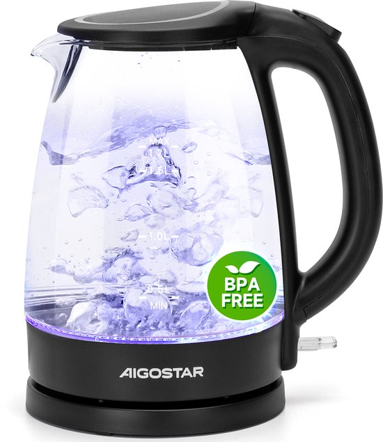 Foto: Aigostar adam 30gom elektrische waterkoker glazen waterkoker 1 7 liter led verlichting 2200w zwart