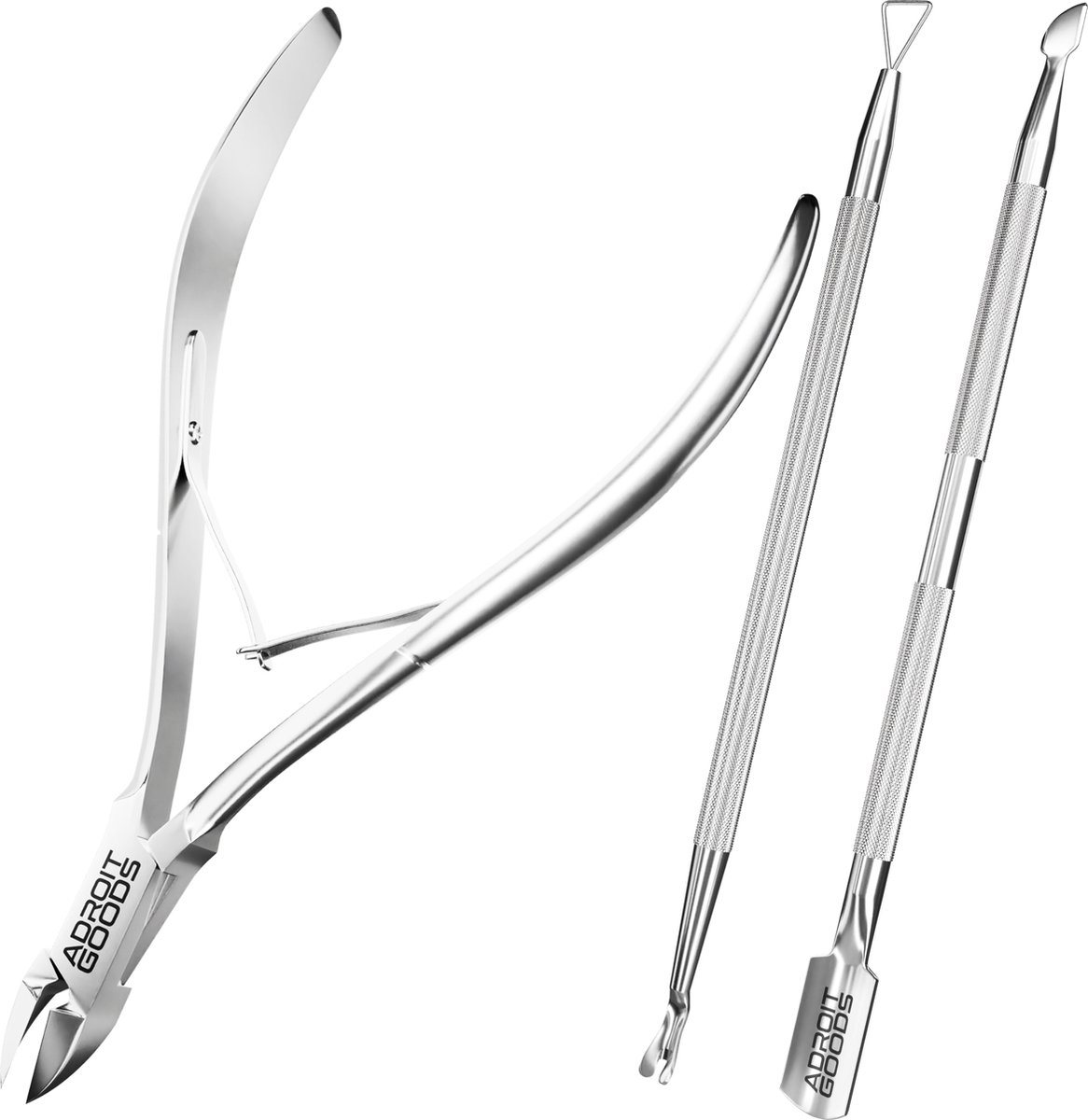 Goedkoopste AdroitGoods 3 delige Nagelriem Knipper set - Silver - Cuticle Pusher Duwer Verwijderaar Trimmer Mesje - bokkenpootje nagels