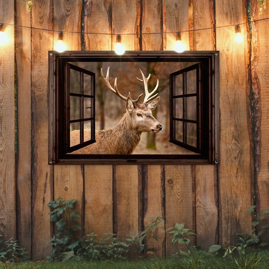 Tuinposter 120x80 cm - Tuindecoratie Hert - Dier - Bos - Herfst - Hertenkop - Bruin - Doorkijk - Poster voor in de tuin - Buiten decoratie - Schutting tuinschilderij - Tuindoek muurdecoratie - Wanddecoratie balkondoek