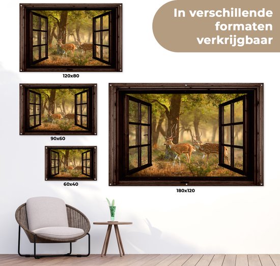Tuinposter 120x80 cm - Tuindecoratie Herten - Bos - Herfst - Bosdieren - Natuur - Hert - Doorkijk - Poster voor in de tuin - Buiten decoratie - Schutting tuinschilderij - Tuindoek muurdecoratie - Wanddecoratie balkondoek