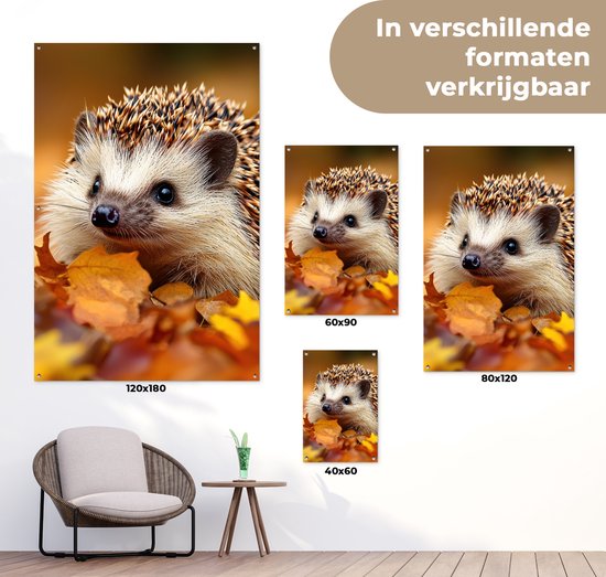 Egel in herfstbladeren in verschillende formaten verkrijgbaar: 120x180 cm, 60x90 cm, 80x120 cm en 40x60 cm.