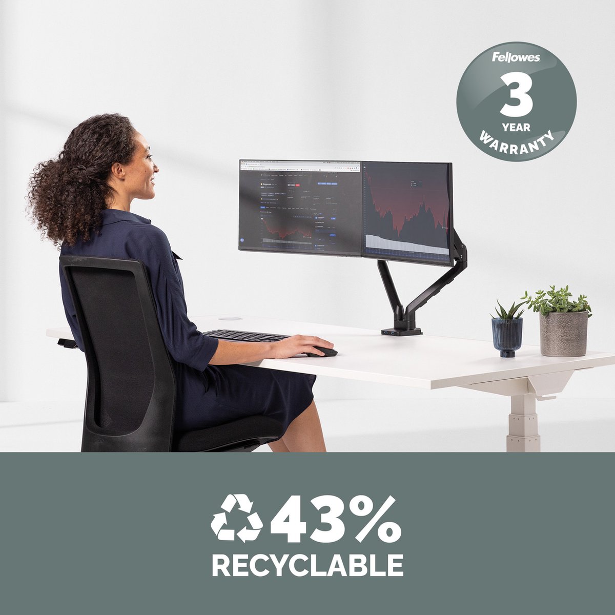 Fellowes Platinum Dubbele Monitorarm – Zwart thumbnail 2