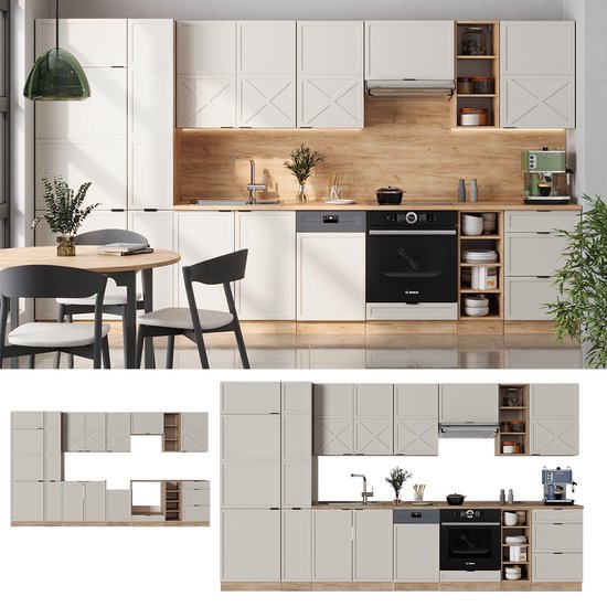 Vicco Fame- Line Meuble de cuisine complet – 355 cm, évier marbre Grijs/beige/chêne doré
