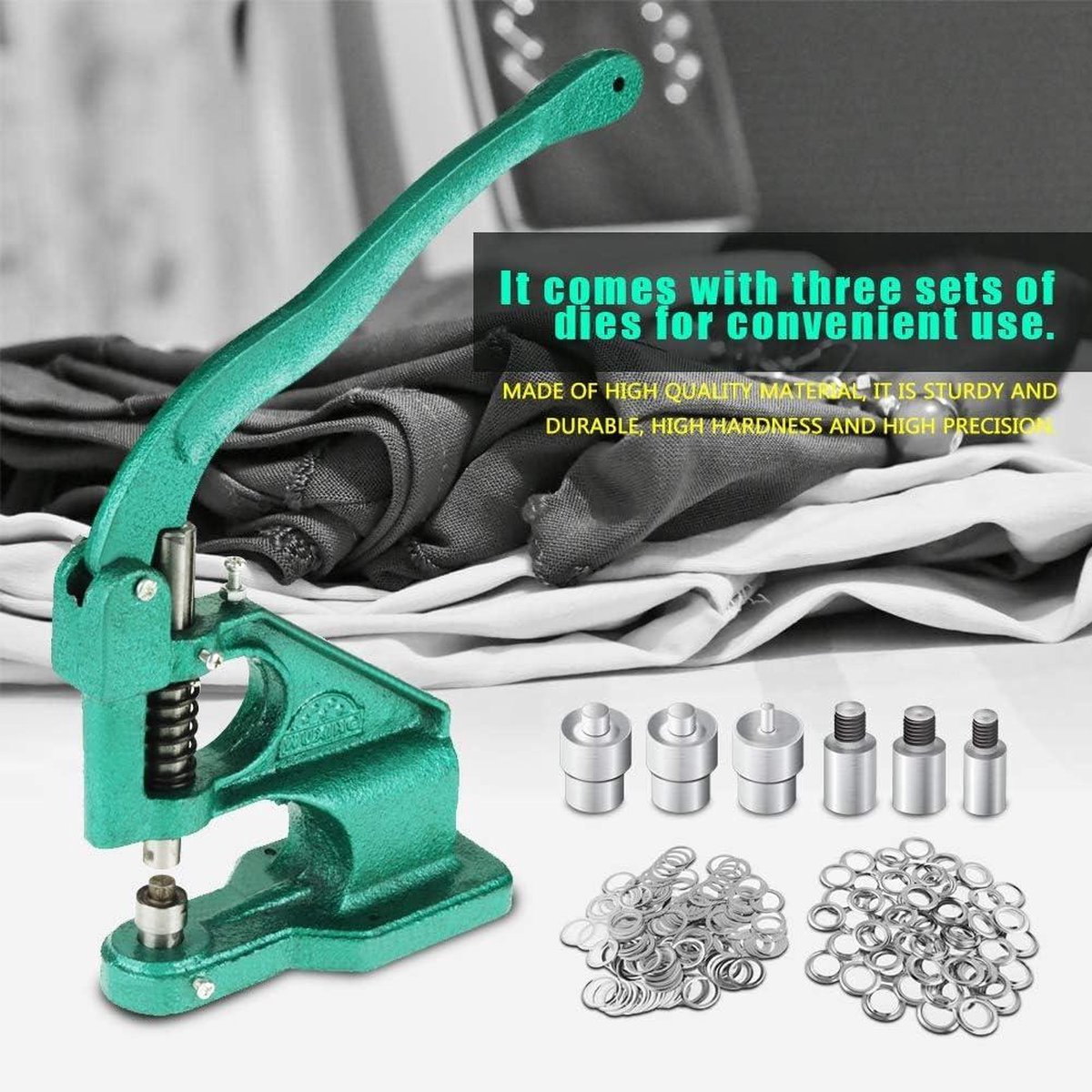 Eyelet Pliers with Set Rivets, Grommet Punch Machine, Grommet Hole Punch, 3 Dies 1500 Grommets Kit Hole Size 6mm, 10mm, 12mm, for Leather Craft or Curtains