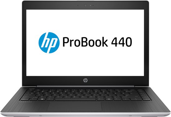 Recht vooraanzicht van een geopende laptop met het HP ProBook 440 logo op het scherm.