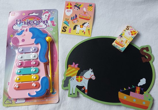 Foto: Cadeautje voor kinderen sinterklaascadeautjes voor kleuters en peuters 5 schoencadeautjes sinterklaas in 1 xylofoon eenhoorn blauw of ros krijtboard met krijtjes stickers kleurboekje met stickers muzikale ontwikkeling muziekland