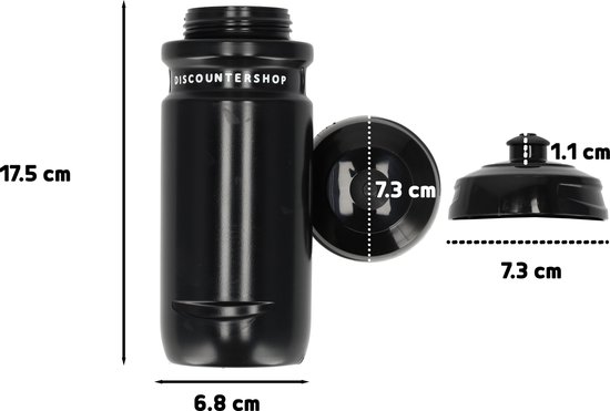 Afmetingen van de zwarte, BPA-vrije sportbidon: 17,5 cm hoog, diameter 6,8 cm. Dop: diameter 7,3 cm, hoogte 1,1 cm.