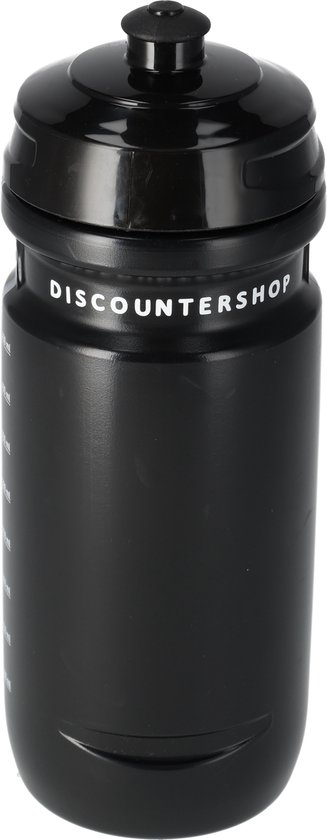 Zwarte sportfles met Discoutershop logo op zwarte achtergrond.