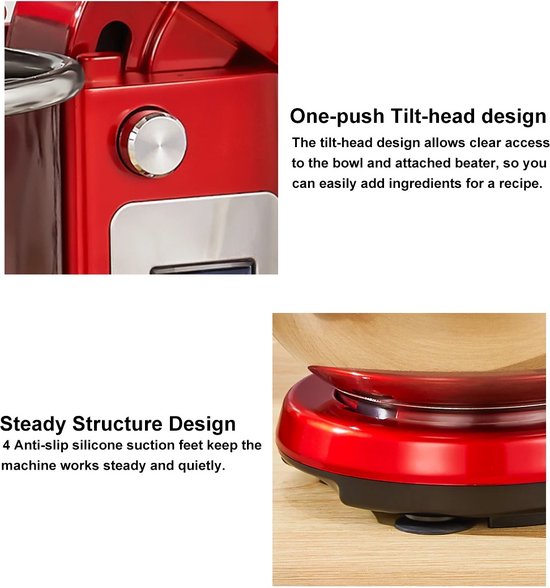 Eszenzics™ Keukenmachine - Krachtige Keukenmixer - Compact - Deegmixer - Mixer - Kneedmachine - 6 Liter - 1200W - 6 Snelheden - RVS - Rood van Eszenzics™ — afbeelding 5