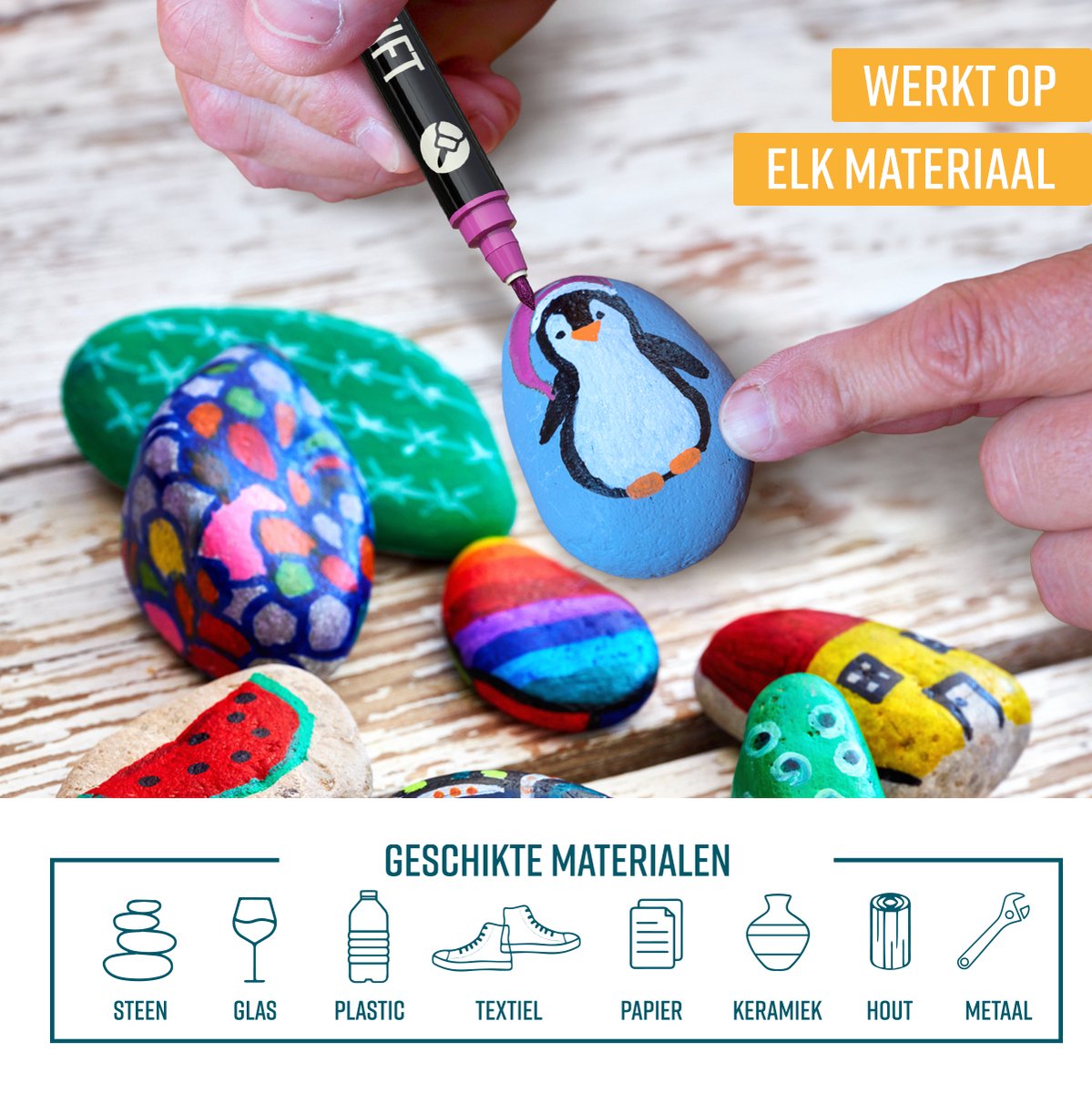 Napi Acrylstiften 12st Metallic - Brush en Fine Tip Twinmarkers - Verfstiften Happy Stones - Stenen Schilderen met Acryl Verf Marker Stiften - Volwassenen en Kinderen - Incl. 2 Mandala Sjablonen — afbeelding 7