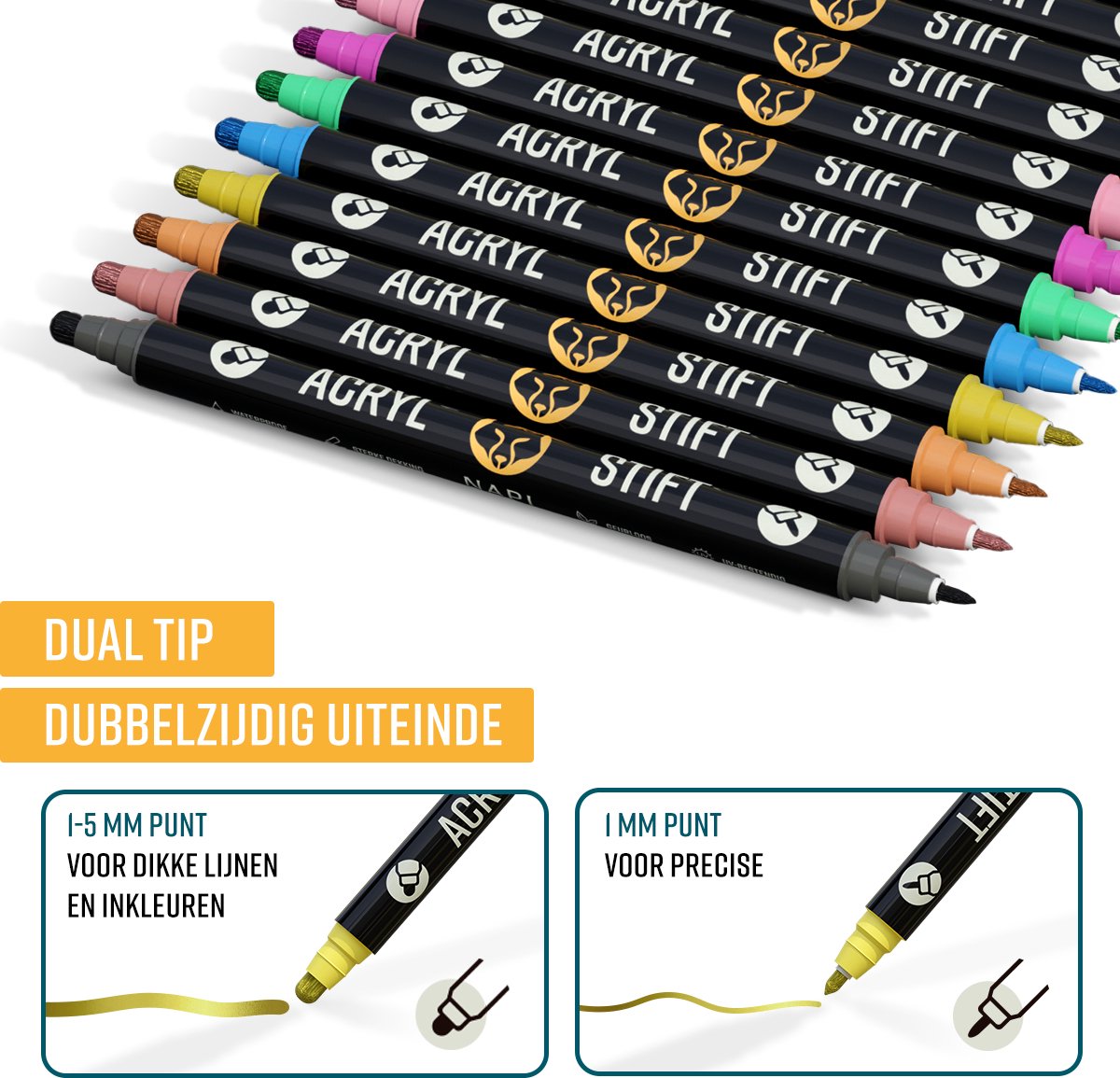 Napi Acrylstiften 12st Metallic - Brush en Fine Tip Twinmarkers - Verfstiften Happy Stones - Stenen Schilderen met Acryl Verf Marker Stiften - Volwassenen en Kinderen - Incl. 2 Mandala Sjablonen — afbeelding 2