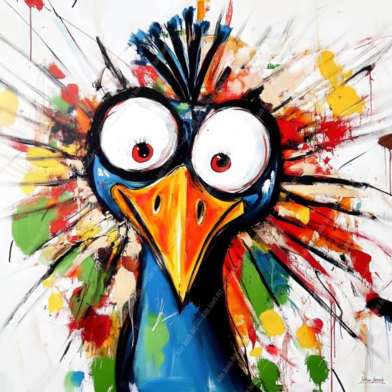 JJ-Art (Aluminium) 100x100 | Paon fou, humour, yeux exorbités, abstrait, portrait, art | carré, animal, oiseau, rouge, bleu, jaune, vert, moderne | photo peinture sur dibond, décoration murale métal