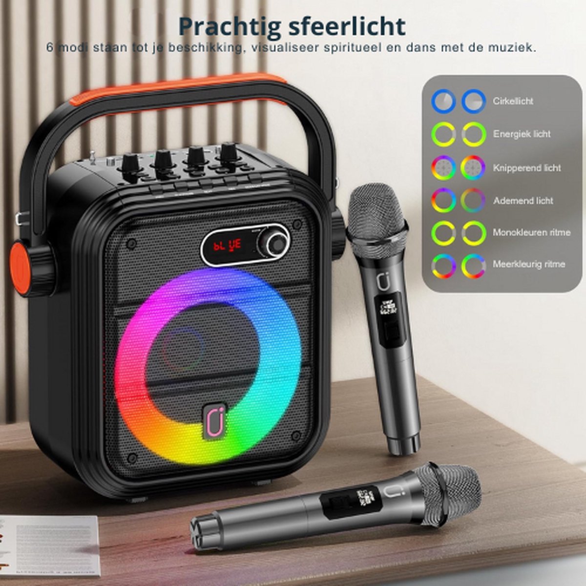 Draagbare Karaokemachine Met 2 UHF Draadloze Microfoons – 2x15W Luidsprekers, Bluetooth 5.0, USB, TF, AUX, 2000mAh Batterij, Voor Thuis, Tuin En Feesten