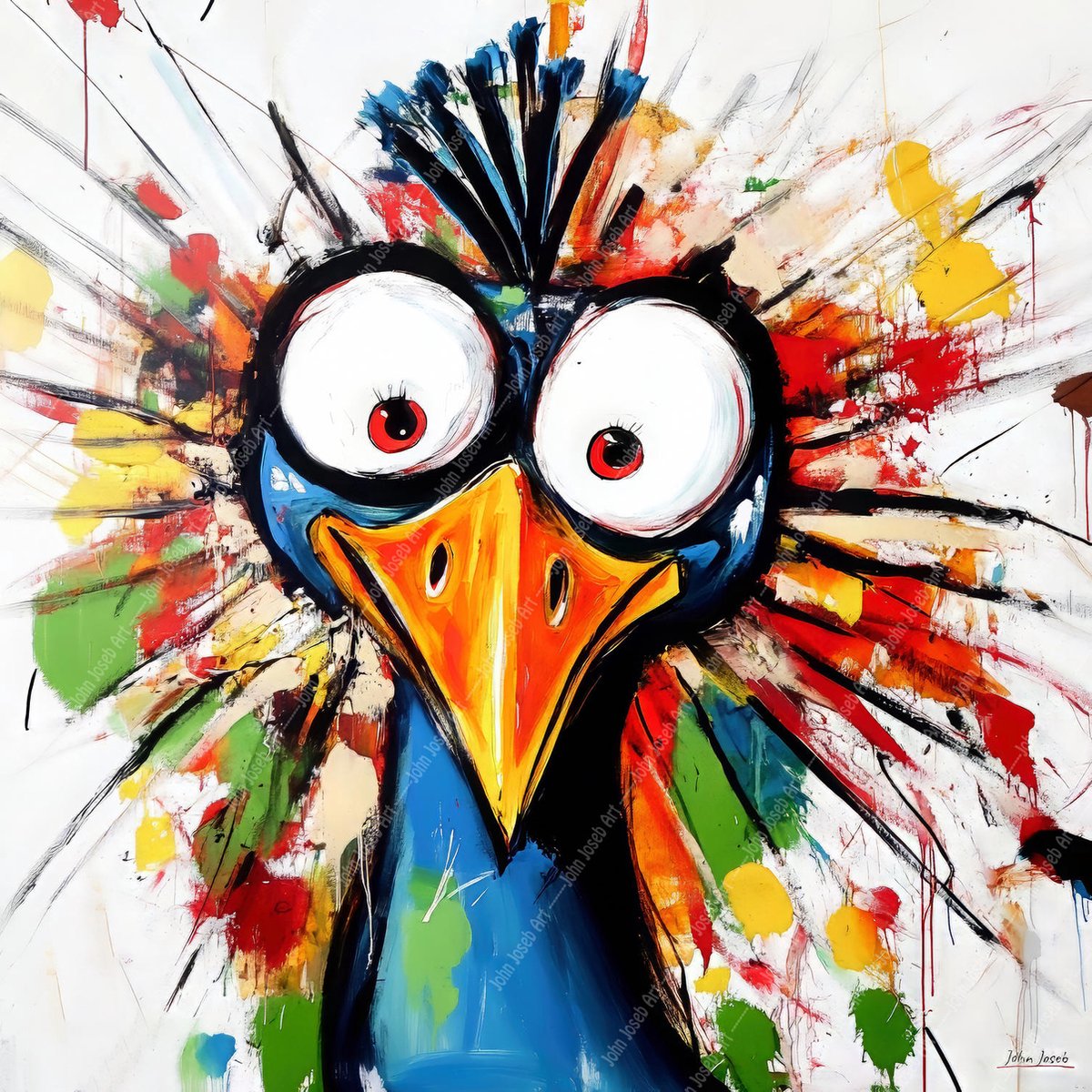 John Joseb Art (Aluminium) 80x80 | Gekke pauw, humor, bolle ogen, abstract, portret, kunst | vierkant, dier, vogel, rood, blauw, geel, groen, modern | foto-schilderij op dibond, metaal wanddecoratie