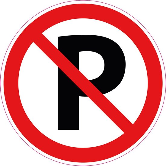 Een ronde sticker met een rood-wit 'niet parkeren' symbool.