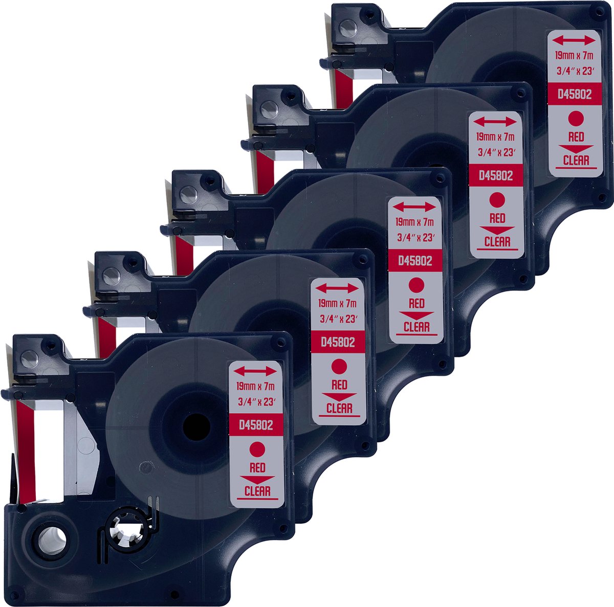 DULA Dymo D1 45802 Compatible label tape - 5 lettertapes - Rood op transparant - 19mm x 7m