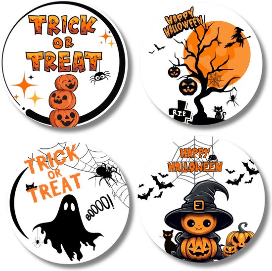 Vier Halloween stickers: pompoenen, spoken, vleermuizen en heks op bezem
