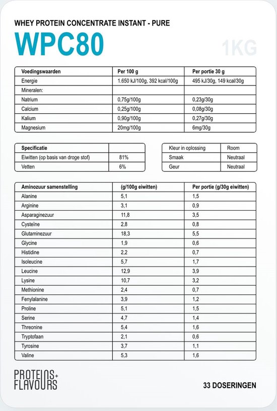 Proteins+Flavours - Whey Protein Concentrate - WPC80 Pure Whey Concentraat - Instant Eiwitpoeder zonder smaak - 1000 gram — afbeelding 2