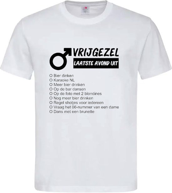 T-shirt Unisex Volwassenen Grappig Tekst "vrijgezellen checklist" Op Voorkant | korte mouw | Wit/zwart | maat L