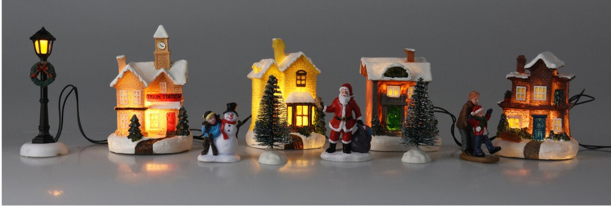 Kerstdorp huisjes en figuurtjes - set 10-delig - met led verlichting - kerstdorpjes – foto 4