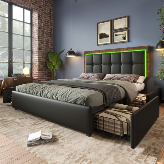 Merax Lit Double Queensize 160x200 cm avec Matras en Mousse Froide - Lit rembourré en Simili Cuir avec 4 tiroirs et LED- Siècle des Lumières - Zwart