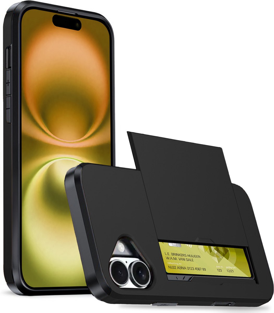 Hoesje Geschikt voor iPhone 16 Hoesje Case Pashouder Hard Cover - Hoes Geschikt voor iPhone 16 Hoesje Met Kaarthouder - Zwart