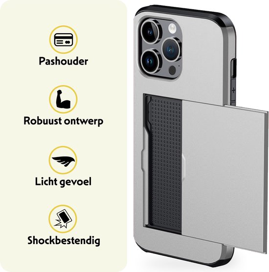 Coque pour iPhone 16 Pro avec porte-cartes, coque rigide avec 2 films de protection d'écran – Coque pour iPhone 16 Pro avec porte-cartes – Grijs