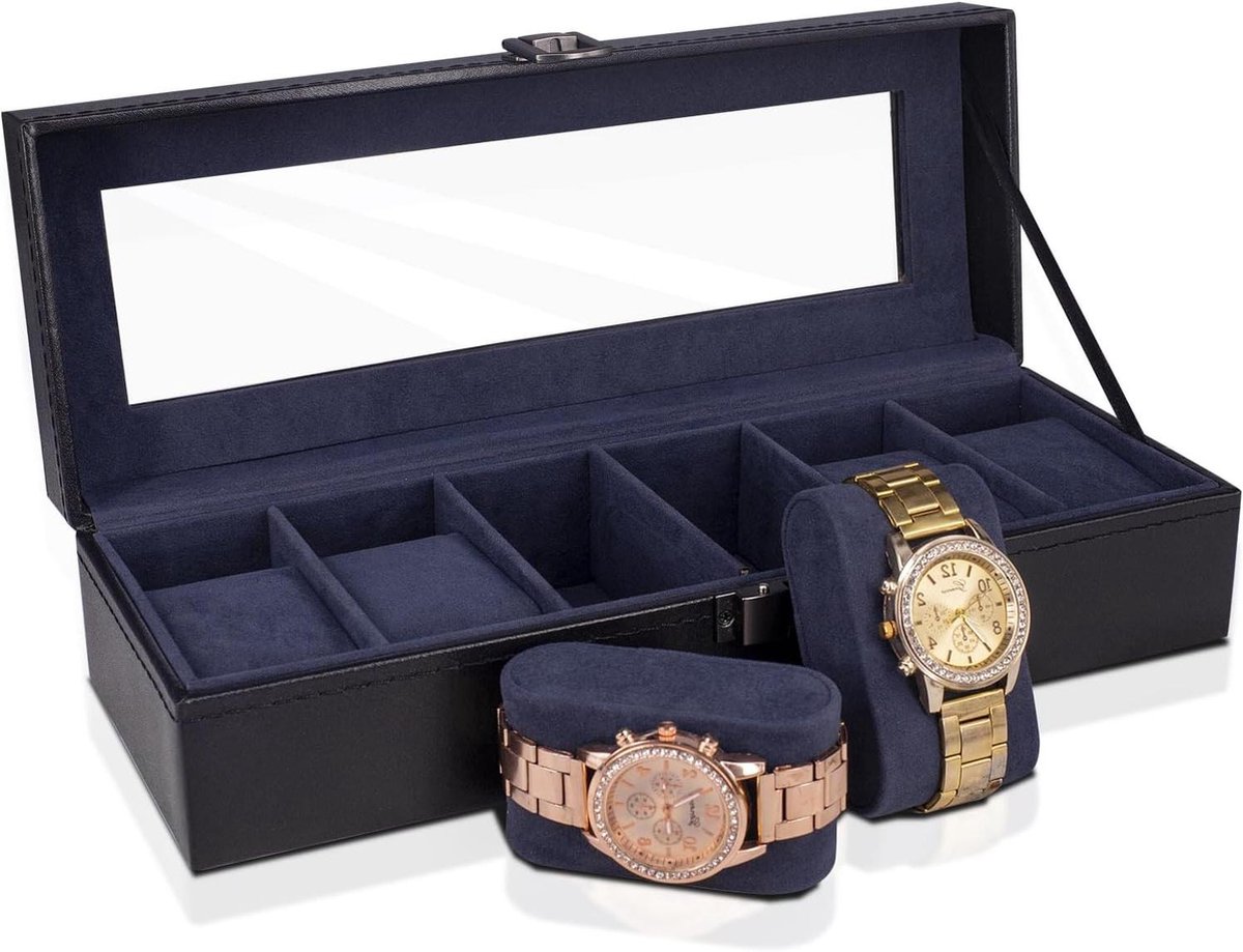 6-horloges horlogedoos met glazen deksel stofdicht metalen sluiting - horlogebox sieradendoos cadeau verjaardag voor hem zwart
