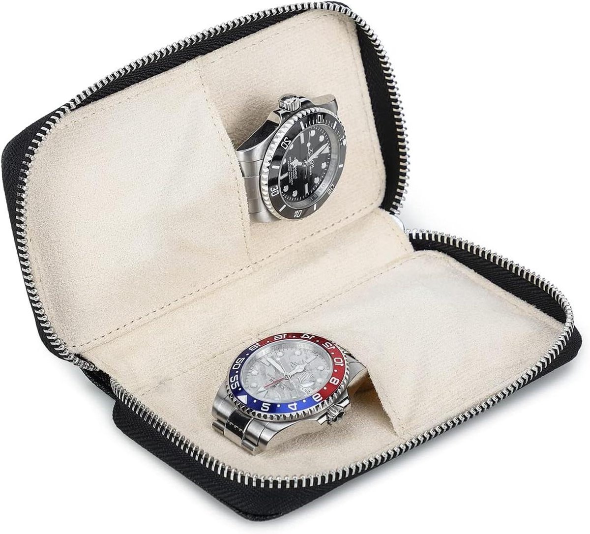 Travel Case Lederen Horloge Opbergdoos - Draagbare Rits Horloge Organizer voor Mannen en Vrouwen - 2 Horloges